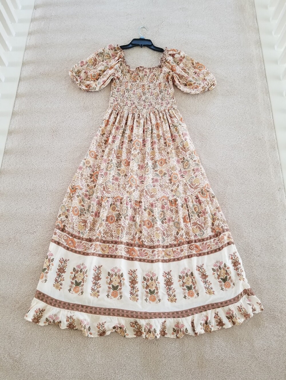 Kindred Floral Smocked Puff Sleeve Prairie Maxi Dress Cream Boho Size L